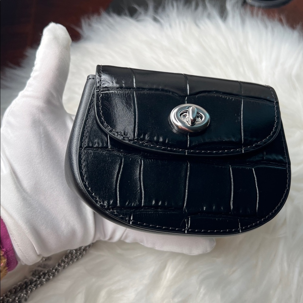 Coach Black Croc Embossed Turnlock Card Case Mini With Chain Bag Retail $228 NWT - Picture 17 of 17